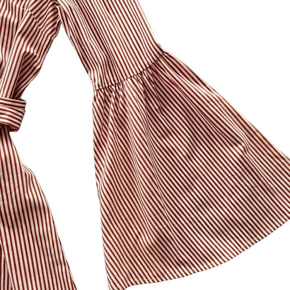Forever 21 Contemporary Red White Shirt Dress Size Small Belted Bell Sleeve - Picture 5 of 6